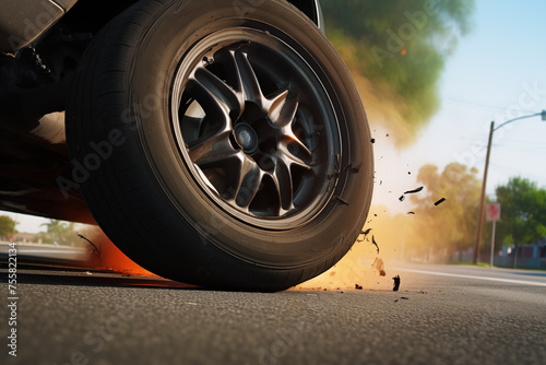 Tire blowout causing a car to swerve out of control, narrowly avoiding a collision with oncoming traffic. Generative AI