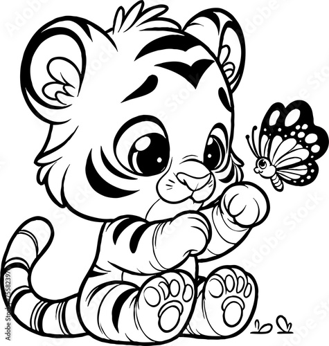 Tigre et papillon, personnage animal a colorier, dessin idéal pour livre et activité de coloriage enfant pendant les vacances. Dessin au trait.