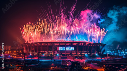 Ilustración creada con IA sobre la inauguración de los futuros juegos olímpicos de francia 2024. Estadios con fiesta, luces y fuegos artificiales en la noche.