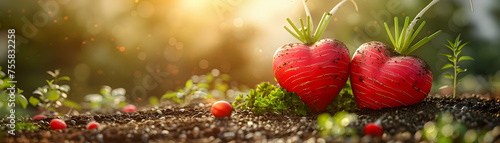 Two red radishes are sitting on the ground, surrounded by dirt and grass