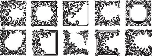 square frame ornaments in roman and rococo style, vintage wood carvings, black vector graphic