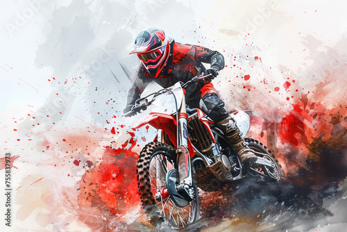 A motocross athlete in action, red splash watercolor
