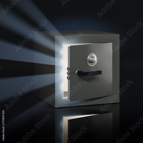A slightly open safe with a permutation lock in a dark environment. Light spilling out of the safe in the form of god rays. Surprise concept. 3d render
