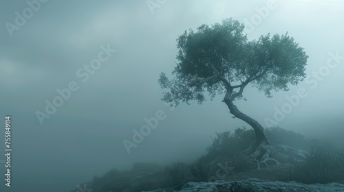 Mysterious and Moody: Isolated Tree in a Gloomy Landscape Shrouded in Fog