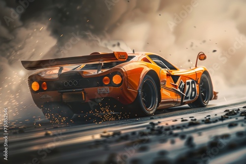 Dive into the fast-paced action of motor sports as a competitive team races down the track, their generic race car blurring with motion as it speeds towards victory.
