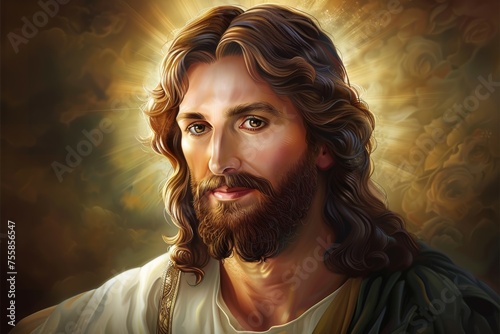 A painting of Jesus with a beard and long hair