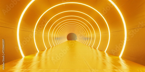 Empty yellow tunnel 3d light room background. Abstract space tunnel interior. Modern render perspective hall stage design. Futuristic neon road
