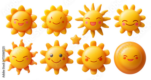 3d cartoon cute sun characters designs for kids on a transparent background. Set of funny suns with happy faces