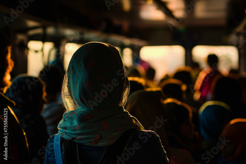 A crowd of refugees crosses the border. Backdrop with selective focus and copy space