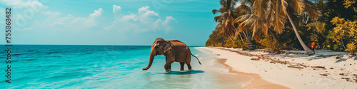 Bathing Indian elephant on sunny tropical beach. Baby elephant walking on the coast. Wildlife nature. Exotic travel, tourism, summer vacation concept
