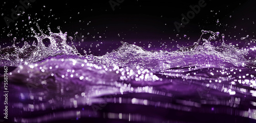 A deep purple velvet scene, highlighted with silver fairy dust, captures a dynamic splash of clear water, isolated on a black background