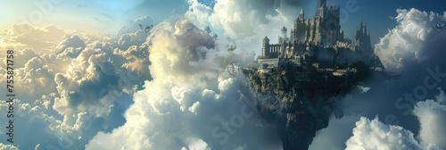Clouds surround a floating fantasy castle at sunrise - Ethereal panoramic view of an imaginary castle floating among clouds bathed in the golden light of sunrise