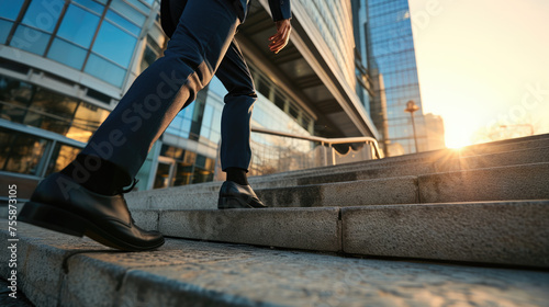 Lower half of a businessman in a suit climbing up stairs outdoors