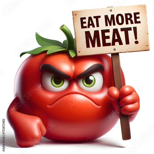 3D realistic image of angry vegetables conveying the message 'Say no to meat' in an ironical way.