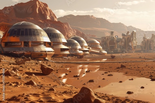 Futuristic city on Mars, its buildings shaped from technical specifications