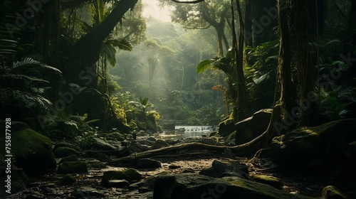 Green jungle cinematic scene with waterfall