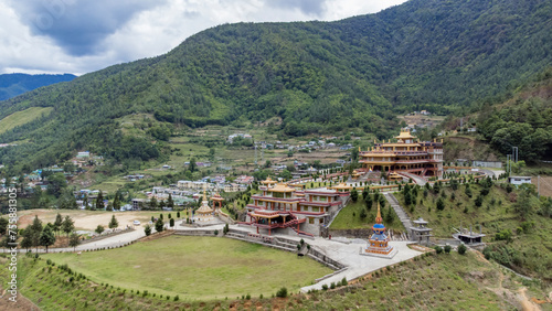 Beautiful tdl buddhist monastery architecture design at morning at dirang monastery arunachal pradesh india.