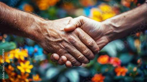 Two hands clasping firmly in a handshake amidst a vibrant garden, depicting unity and partnership.