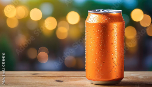 Orange aluminum can with condensation drops on table. Drink package. Refreshing beverage.