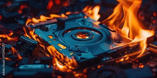 Hard drive on fire - burning hard disk concept with flames and an internal HDD