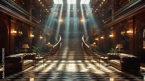 Secluded Elegance A Vintage Luxury Hotel Lobby Embraced by Film Noir Inspired Atmosphere