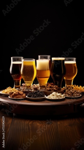 Glasses with different sorts of craft beer on wooden tray. Table for company of friends. Crispy snacks and different types of beer in glasses on wooden background, close up