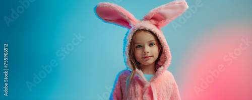 Cute little child wearing pink bunny costume on Easter day. Toddler girl in rabbit kigurumi on blue background. Happy Easter concept. Template for greeting card, banner, poster, flyer 
