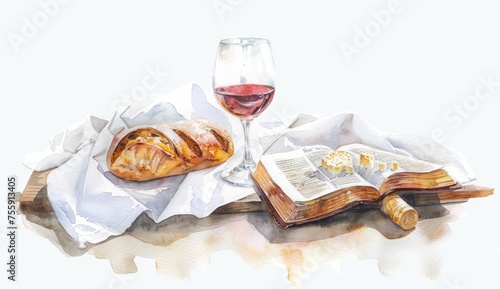 watercolor wine glass on table with chalice and bread in white linen cloth with bible on top of it Generative AI
