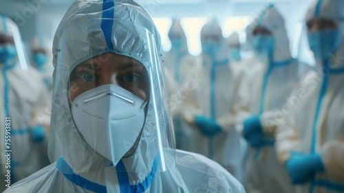 female doctor in a biological protection suit. Pandemic, infection, bacteriological threat.