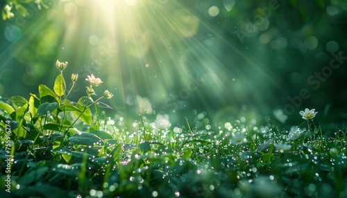 Delicate flower buds glisten under the caress of sun rays, showcasing nature's gentle wake in a dewy meadow.