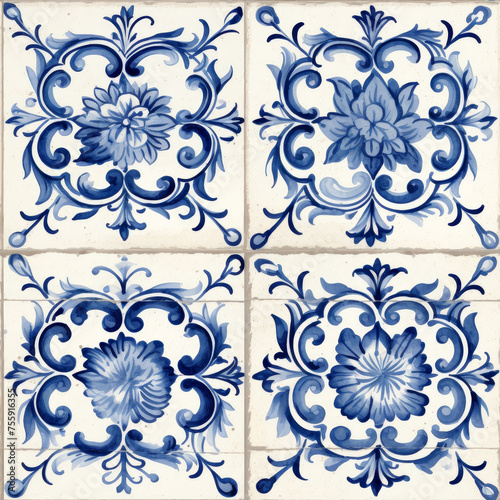 seamless dutch delft tile pattern, aged, weathered, distressed, illustration, pen and ink drawing