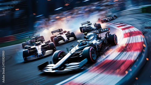 Intense Formula 1 race with cars speeding around a hairpin turn, tires screeching, sparks flying, spectators cheering, capturing the adrenaline rush and competition, Photography, high-speed shutter,