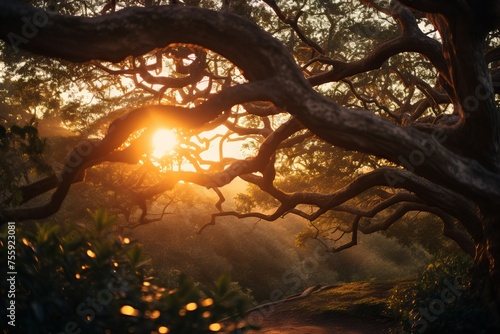 Sunlight streaming through branches at sunset