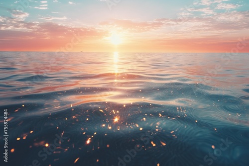 The sparkling surface of a calm ocean at sunrise