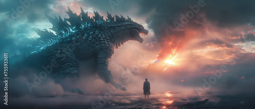 Godzilla king, godzilla walking, godzilla in a sunset, godzilla scream