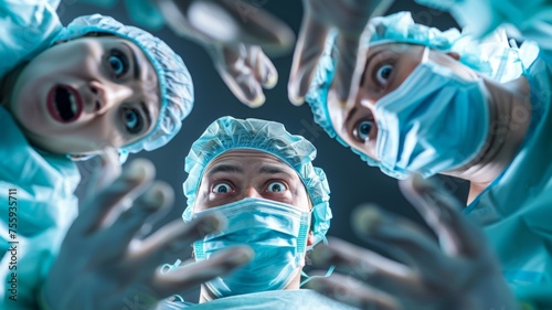 Medical team performing surgery in blue tones - An intense surgical scene where a faceless medical team in scrubs are focused on a procedure, emphasizing teamwork and skill