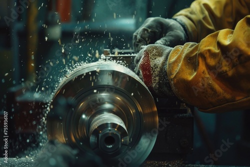 A man in a yellow jacket grinding a metal object. Suitable for industrial concepts.