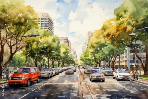 A dynamic painting capturing a busy city street filled with cars and pedestrians. Vehicles are in motion, people are walking along the sidewalks, and the scene is teeming with urban activity
