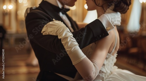 Portrait of historical young couple wedding dancing together in ballroom. AI generated image