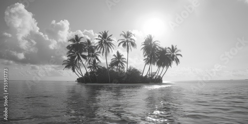 Black and white photo of a small island with palm trees. Suitable for travel and nature concepts.