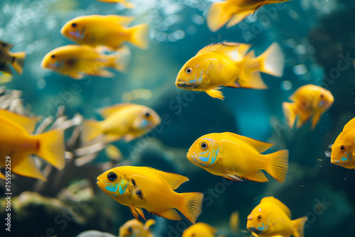 Bunch of Electric yellow cichlids in the sea, African cichlids (Malawi Peacock), group of yellow small fish, metallic blue gray cichlids in freshwater, Haplochromis obliquidens, fish wallpaper concept