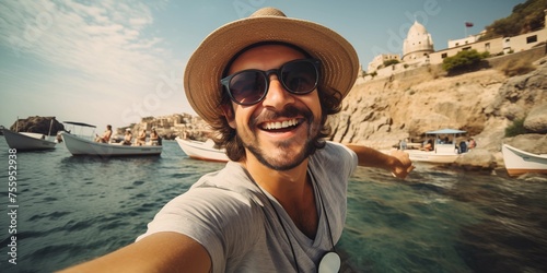 Man tourist taking a selfie on vacation background