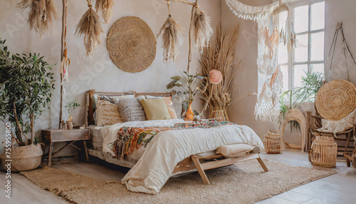 Farmhouse wooden bedroom in boho style in white and beige tones. Double bed, hanging chair and potted plants. Window with shutters and wallpaper. Country vintage interior design