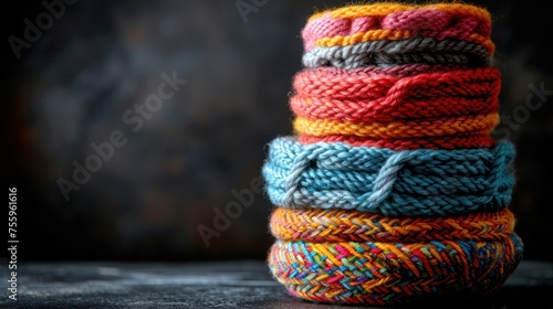 a stack of multicolored yarn sitting on top of a wooden table next to a ball of yarn on top of a table.