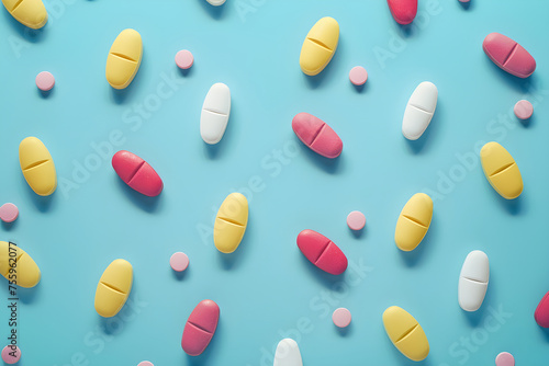 Colored capsules on a blue background. Banner template for advertising vitamins, medicines, healthy lifestyle, microelements 