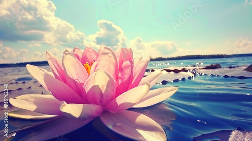 a pink flower sitting on top of a body of water next to a body of water with clouds in the background.