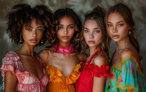 quattro giovani modelle di diversa etnia vestite con abiti leggeri dai colori molto accesi