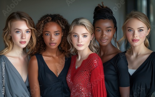cinque giovani modelle di diversa etnia vestite con abiti eleganti sul rosso e nero