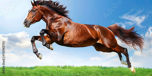 A brown horse is mid-air, leaping energetically