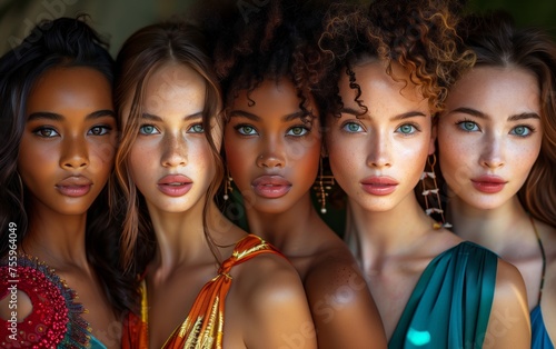 cinque giovani modelle di diversa etnia vestite con abiti leggeri